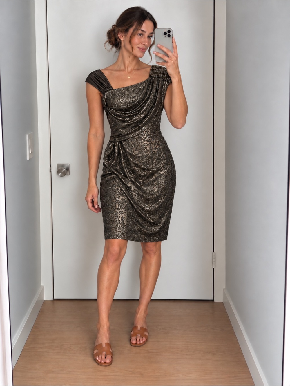 Metallic Bronze Draped One-Shoulder Cocktail Dress